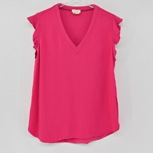 KATE SPADE Womens Pink Top Size L Ruffle Flutter Cap Sleeve Romantic V Neck‎